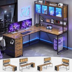 L Shaped Gaming Corner Desk with Drawers,Rustic Brown