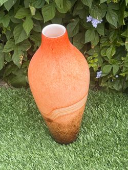 Large 17 Inch Hand-Blown Murano Style Orange Cream Frit With Mocha Base & Cased White Interior Vase