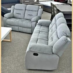 2 Pieces gray color velvet manual reclining sofa set