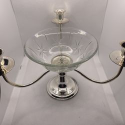 Silver Plated 3 Arm Candle Holder/CANDELABRA w/Center Crystal Bowl