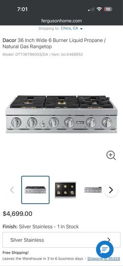Dacor 36 Inch Wide 6 Burner Liquid Propane / Natural Gas Rangetop