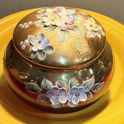 Trinket Small Jar Famosa LPW Bohemian Glass Hand Painted Floral Gold Enamel