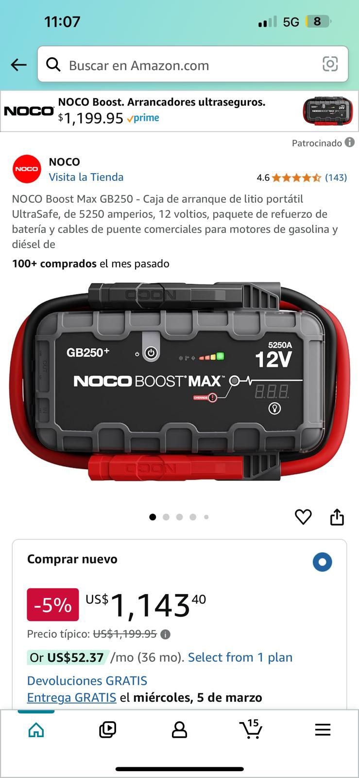 NOCO Boost Max GB250 - Caja de arranque de litio portátil UltraSafe, de 5250 amperios, 12 voltios, paquete de refuerzo de batería y cables de puente c