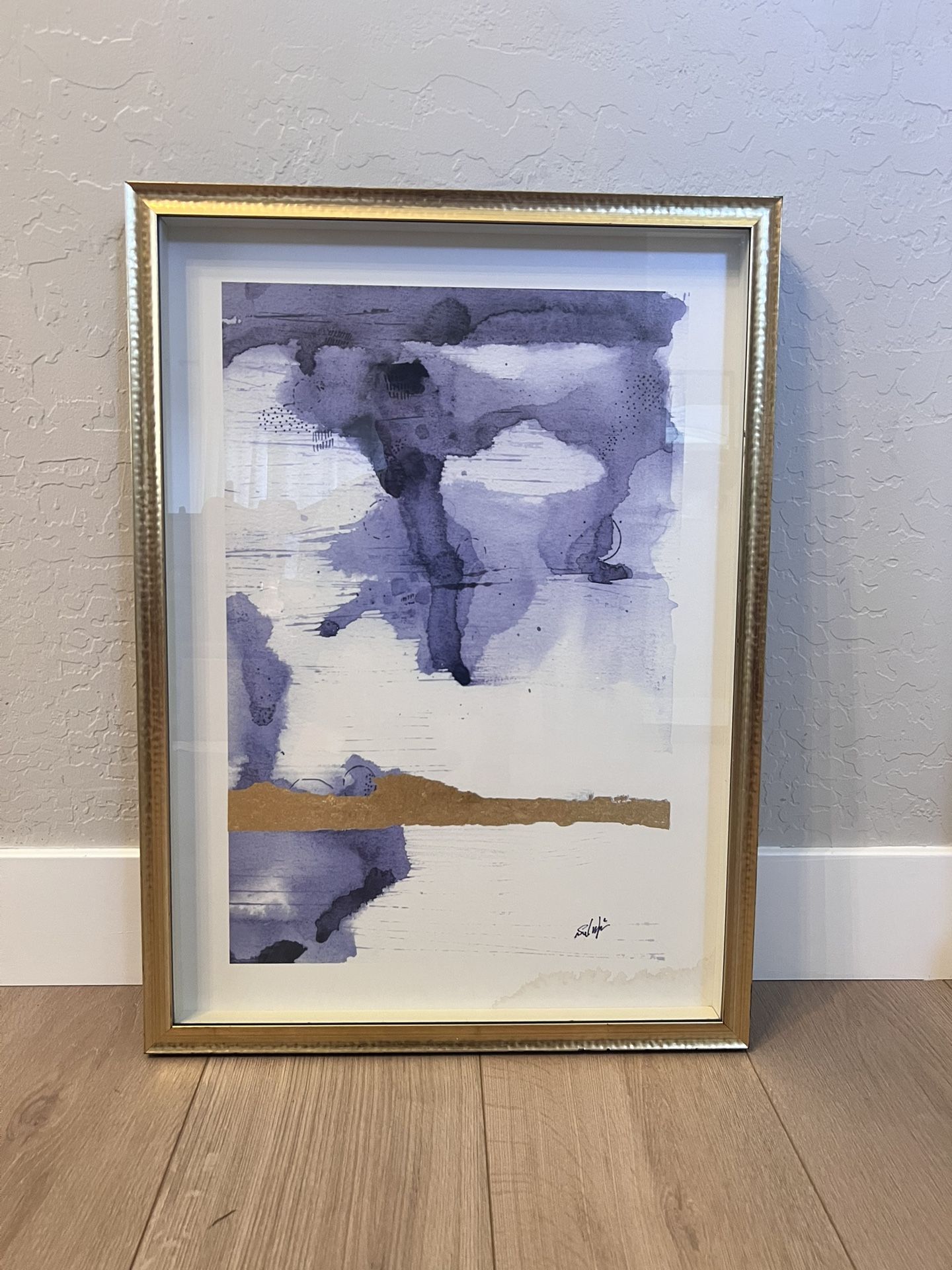 30x22 Glass Matte Gold/Black Framed Navy Blue/White/Gold Watercolor Artwork
