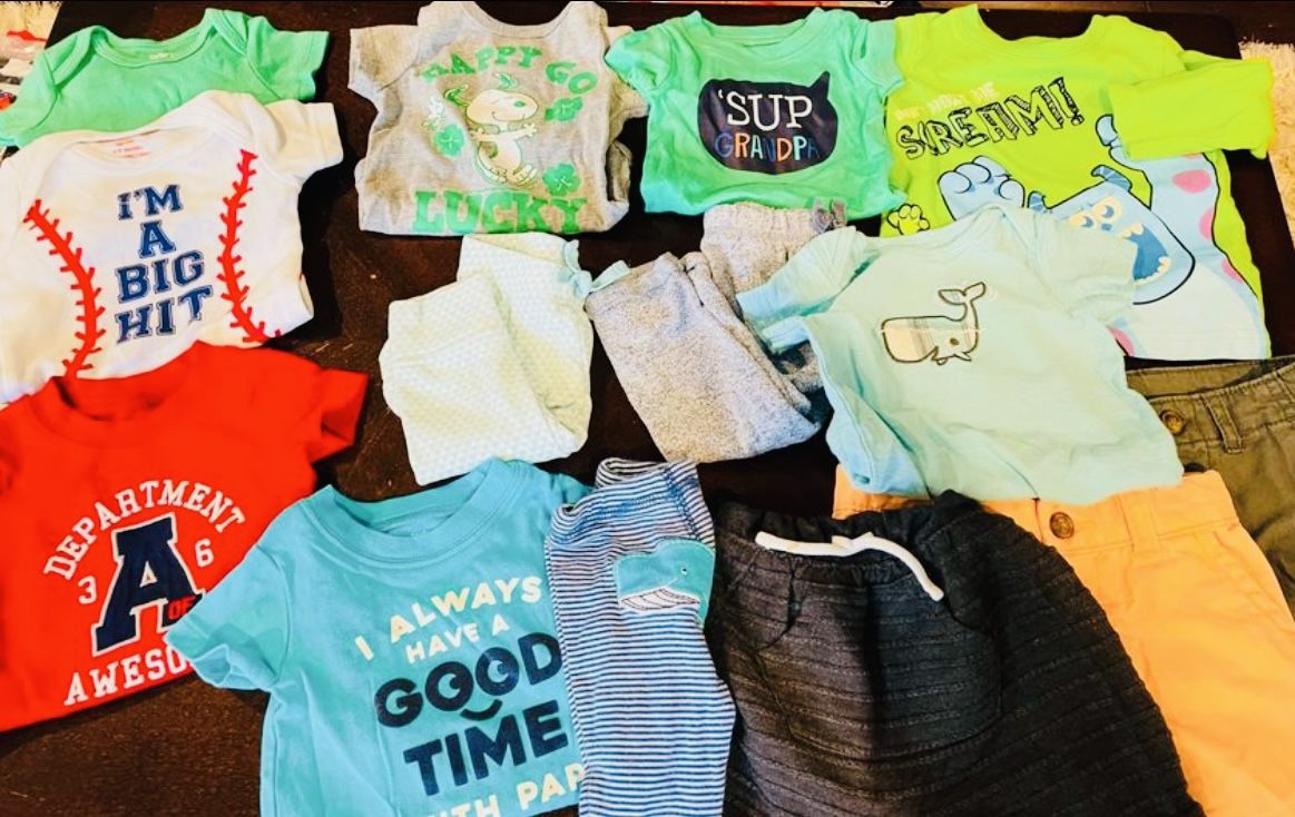 Newborn to 9 Month Mini Bundle; Multiple Styles, Colors, & Designs; Includes Shirts, Onesies, Pants, Pajamas, and a Nike Full Zip Bodysuit