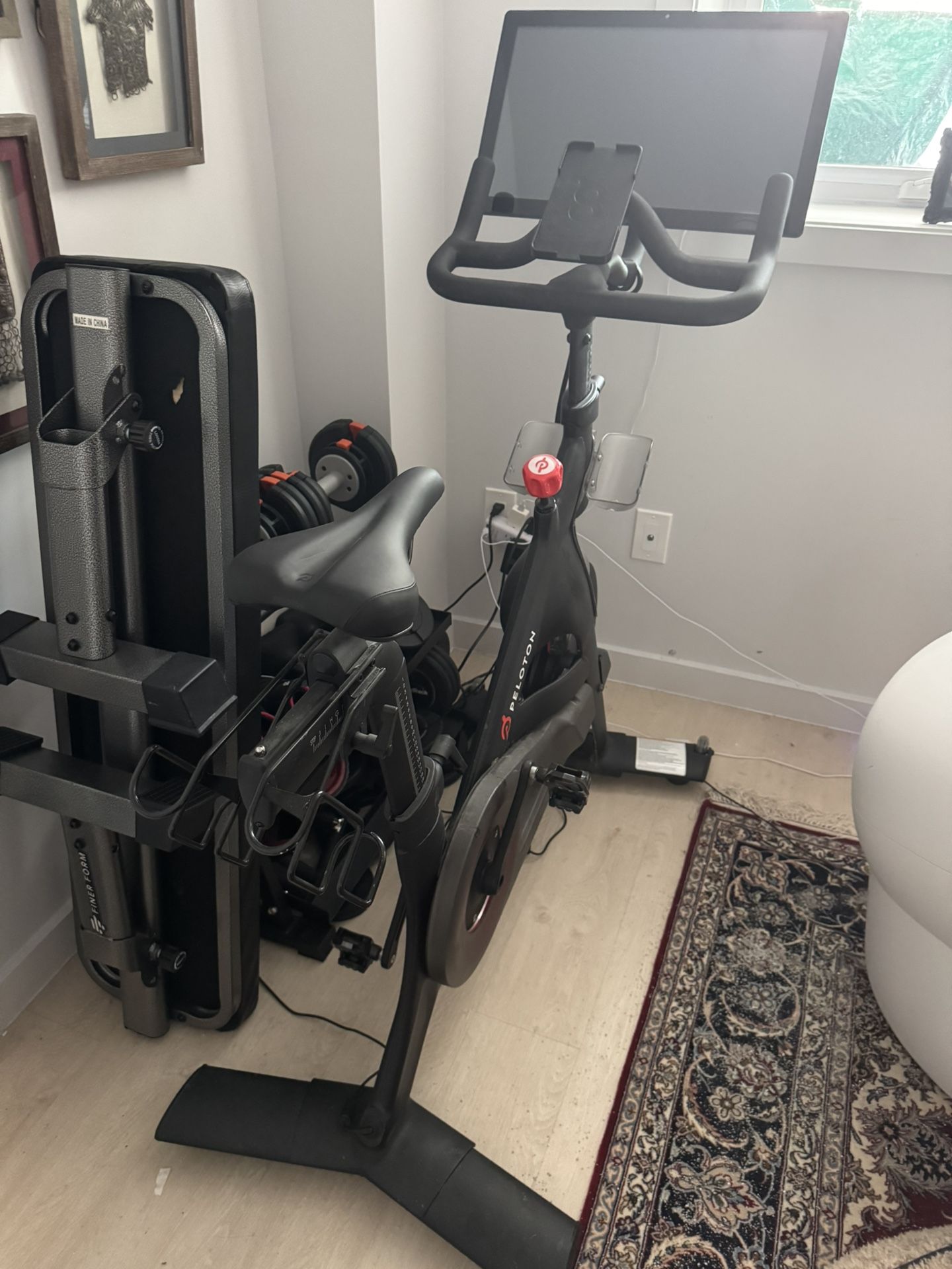 Peleton bike with weights and mat