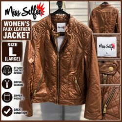Miss Selfie Women’s Brown Faux Leather Jacket – Size Large – Quilted Moto Style - new tag removed