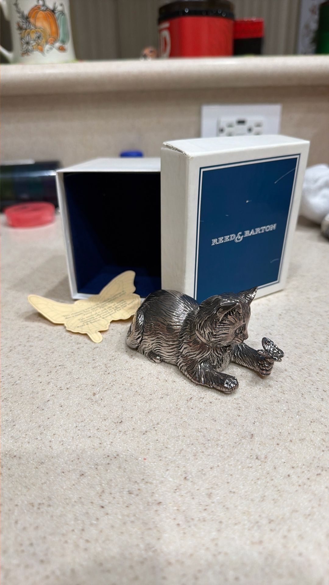 Reed & Barton Music Box Kitten With Butterfly