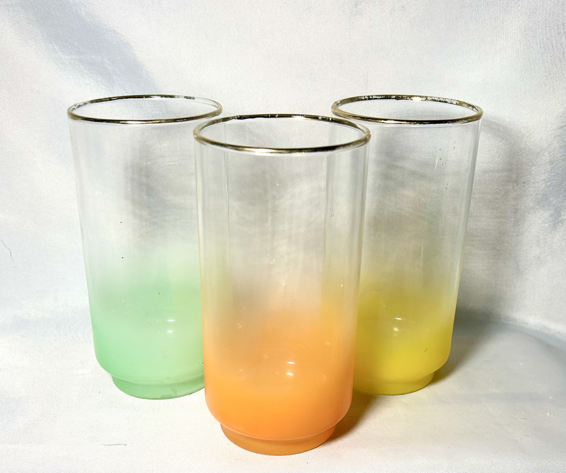 Vintage Blendo Frosted 16-oz Gold Rimmed Tumblers Orange Yellow Green  Set of 3