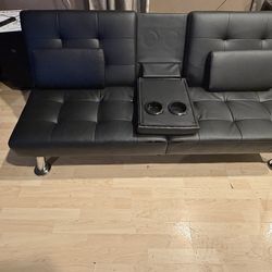 Flamaker Futon Sofa Bed Modern Folding Futon Set Convertible Recliner Lounge for Living Room with 2 Cup Holders, Removable Armrests (PU Leather, Black