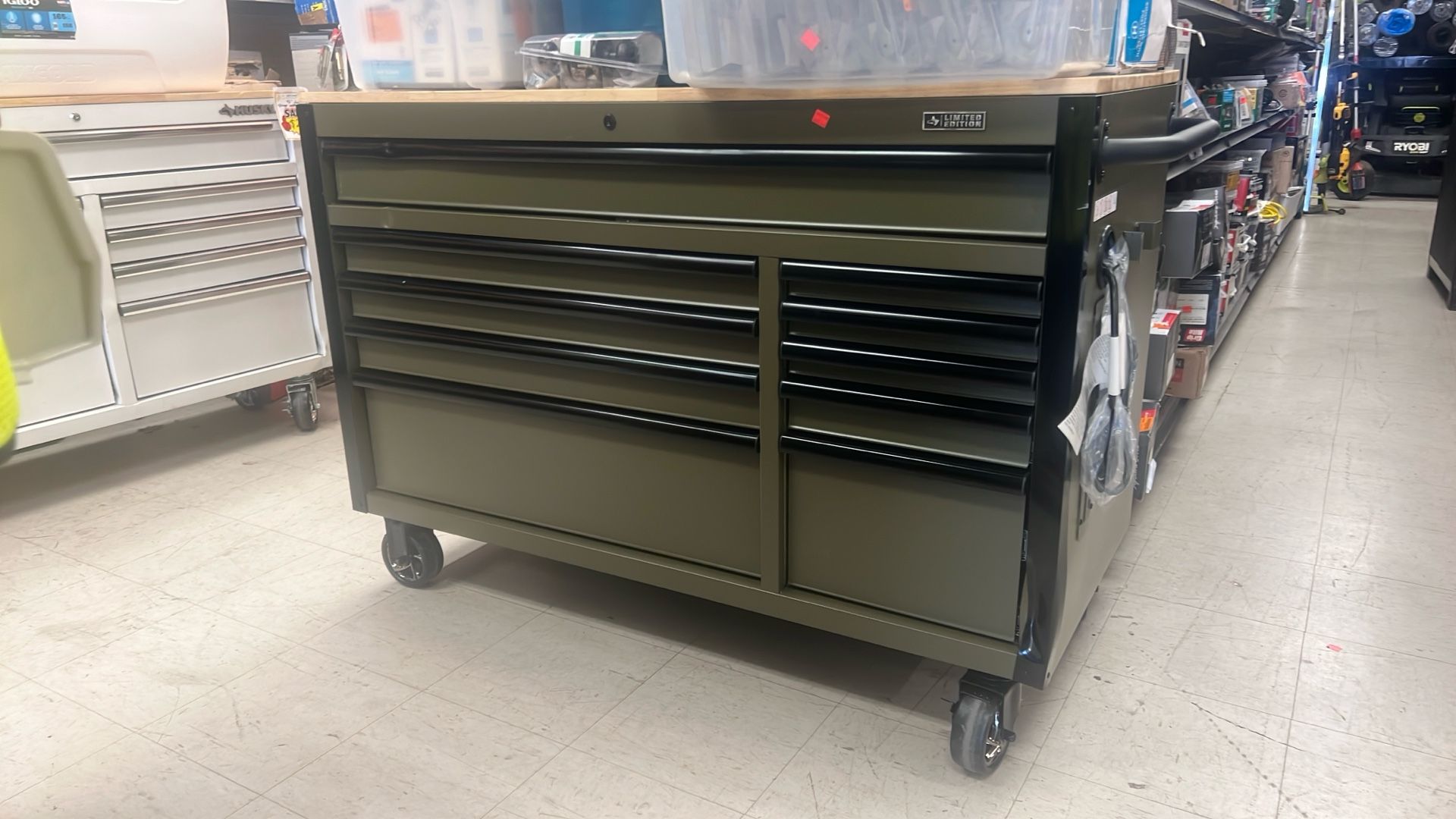 <>HUSKY.52 IN 10-DRAWER MOBILE WORKBENCH • Welded Steel Construction with Rust-resistant Matte Powder Coat Finish • 3/4 in Solid Wood Work Surface wit