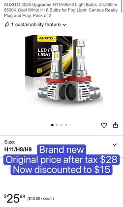 2025 Upgraded H11/H9/H8 Light Bulbs, 34,000lm 6500K Cool White H16 Bulbs for Fog Light, Canbus Ready Plug and Play, Pack of 2