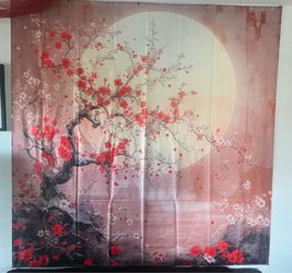 Large Japanese Cherry Blossom Wall Tapestry - Red Sakura Tree & Moon Art Decor