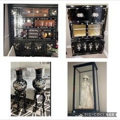 Oriental Asian Korean Pearl Inlay China Cabinet Curio , Vases, Keisha, dolls, samurai, ninja, porcelain dolls