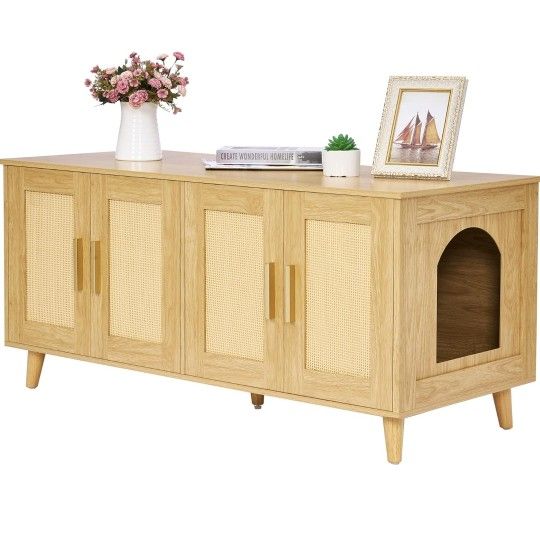 Boho Cat Litter Box Enclosure for 2 Cats Wooden Rattan Pet House Natural Retails $143