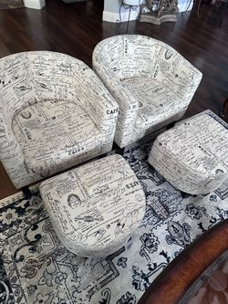 French Script Barrel Chairs and Ottomans Set