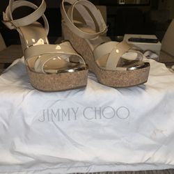 Jimmy Choo Papyrus Patent Cork Wedge Heels
