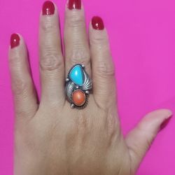 Silver Turquoise Coral Ring