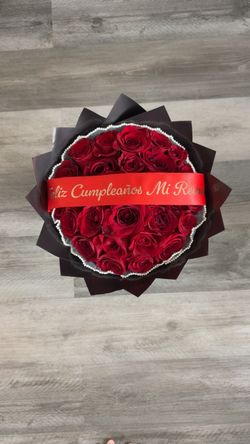Red Rose Bouquet with Custom Satin Ribbon
