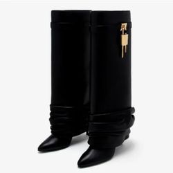 Black Leather Layered Locket Boots