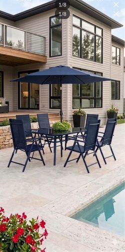 8-Piece Outdoor Patio Dining Set with Tilting Umbrella, Glass Table, & Folding Chairs