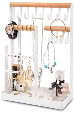 Brand new Jewelry Organizer, Jewelry Stand Necklace Organizer with Wooden Ring Tray and Hooks Storage Necklaces, Earring, Bracelets, Rings, Glasses an
