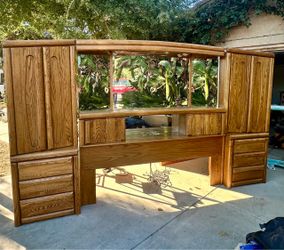 Oak King Headboard with Storage and Mirror