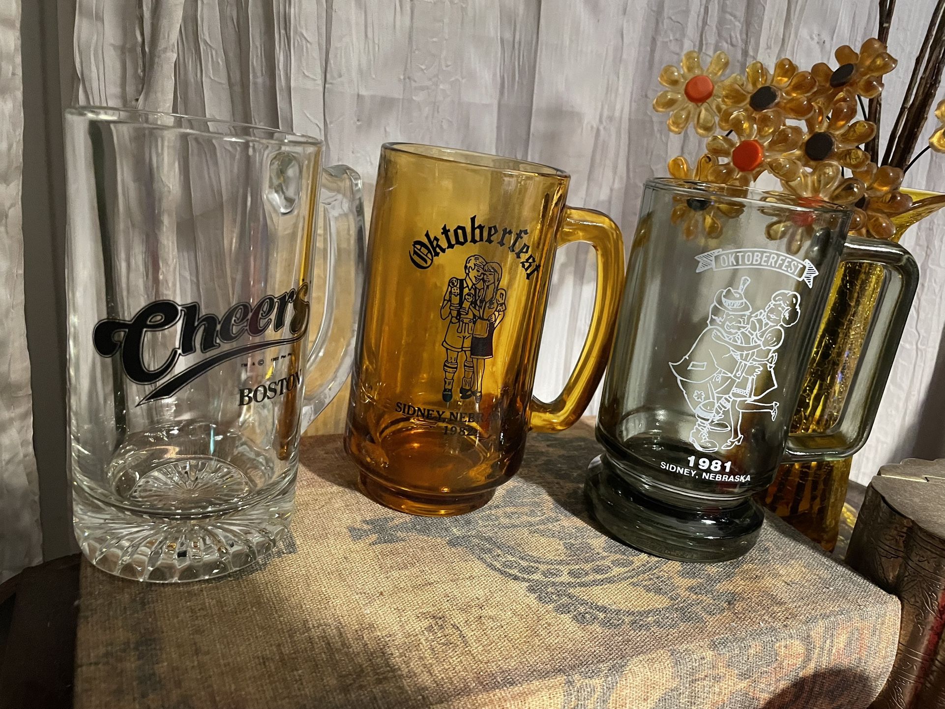 two vintage octoberfest amber/smoke Grey  mugs /1 cheers mug  
