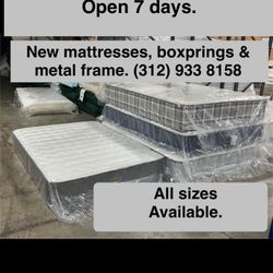 New Mattress, Boxprings & Metal Frame. All Sizes Available. Excellent Quality Low Prices. Twin At $99. Hablamos Espanol.