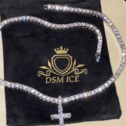 Icy Cross Pendant 14k Gold Plated 20” Tennis Hip Hop Men Women Necklace Chain