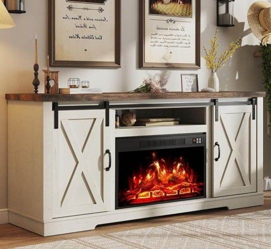 Brand New White LUXURY Farmhouse FIREPLACE HEATER TV STAND For UP TO 75" TV $1499 NEW NEVER USED