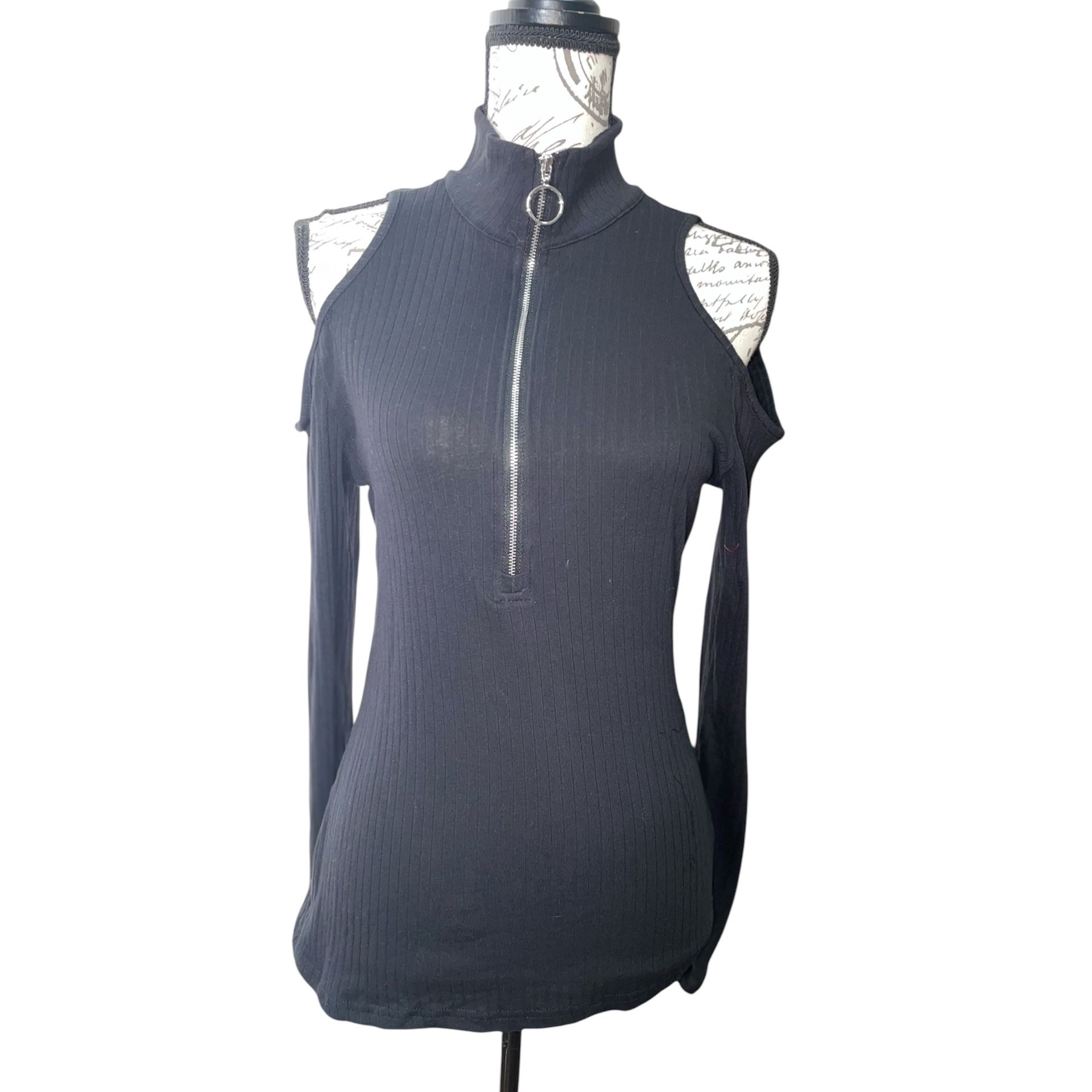 Women’s Black Ribbed Knit Cut Out Blouse