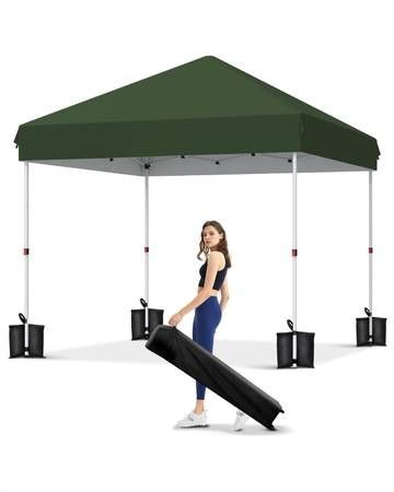 NEW 10x10 Pop Up Canopy Heavy Duty Outdoor Canopy Tent Portable Roller Bag 3 Adjustable Height 4 Weight Bags 8 Stakes & 4 Guy Ropes with One Button