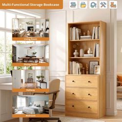 71'' Tall Bookcase with 3 Drawers,3 Cubes Open Bookshelves,6 Tier Storage Cabinet for Home Office,Living Room,Wood