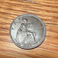 1932 Great Britain Farthing 1/4d King George V Coin - Rare Collectible!