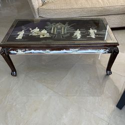 Oriental Mother of Pearl Inlaid Coffee Table With Glass Top & Matching Corner Cabinet 