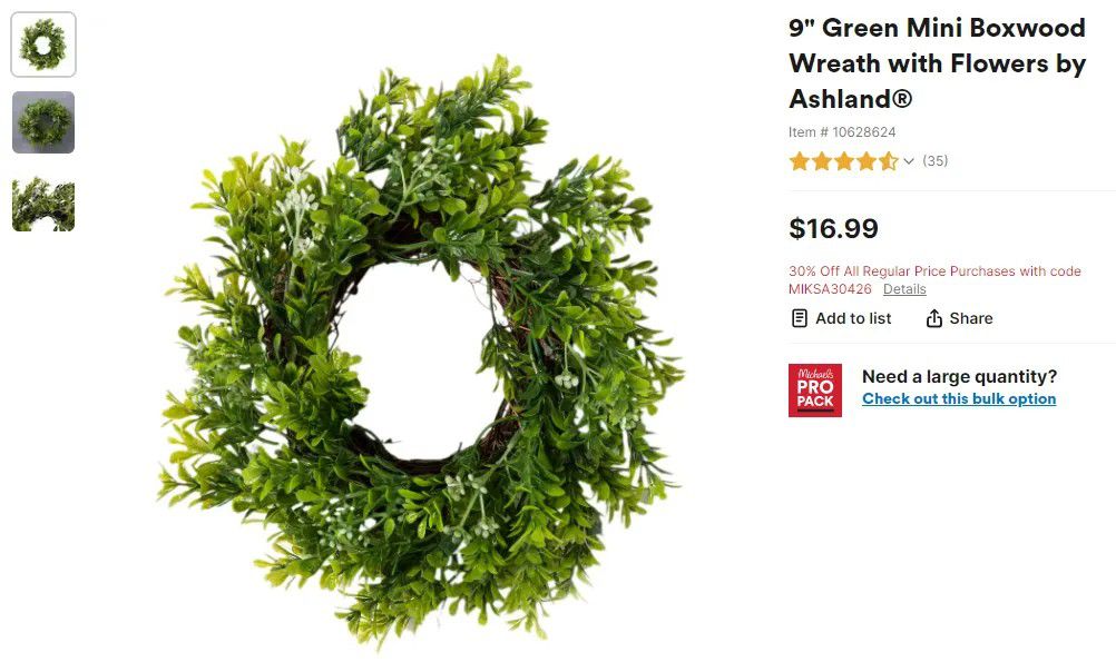 Green Mini Boxwood Wreath 9" (Qty. 12)
