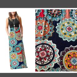 Boho Sundress size S Maxi Floral Damask’s print sleeveless stretchy tank top