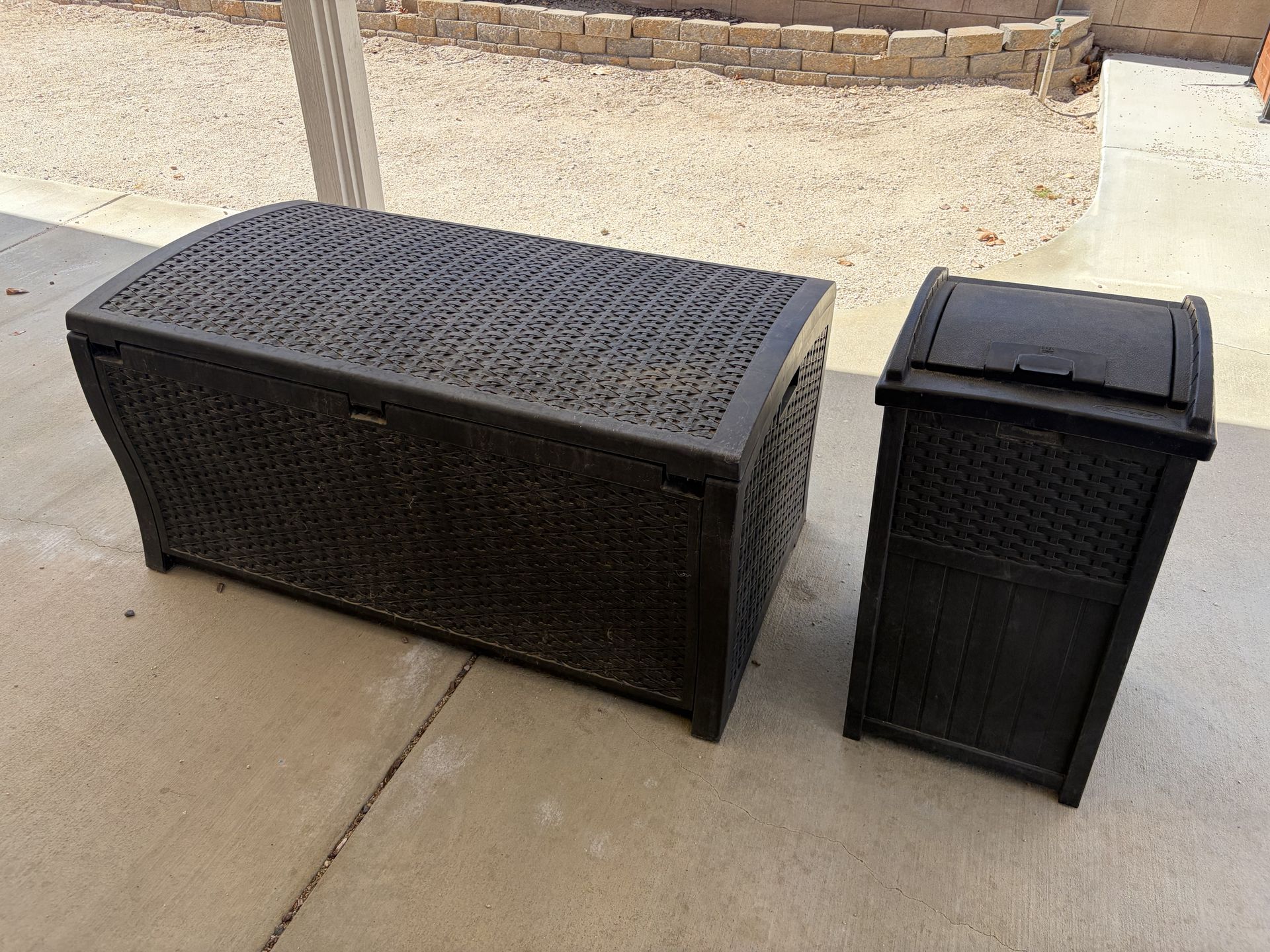 Suncast Outdoor Storage Chest + Matching Trash Bin