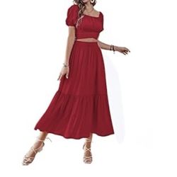 Women's 2 Pcs Outfits Wrap Tie Short Sleeve Crop Top Ruffle Maxi Skirt Set