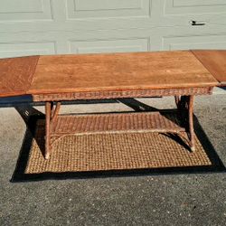 VINTAGE/ANTIQUE  Oak & Wicker Drop Leaf Table. 72" Fully Extended.