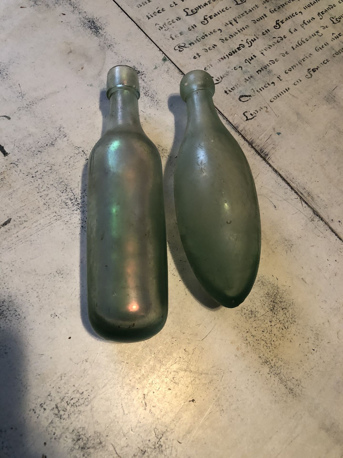 Antique Round Bottom Blue & Irradesent Bottles. Collectable