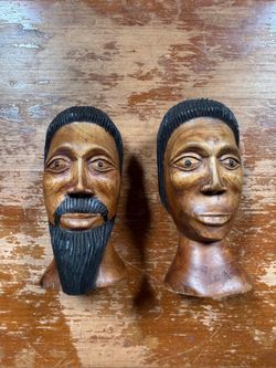 Vintage tribal Hand Carved Wood Portrait Busts – Man & Woman – Folk Art Pair