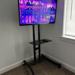 Insignia 42” TV, Roku Streamer and Rolling TV Stand