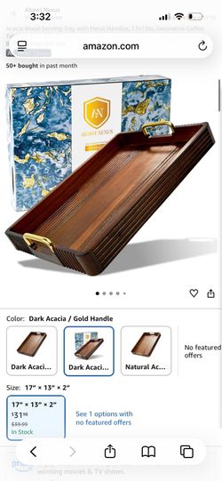 Acacia Wood Serving Tray with Metal Handles, 17x13in, Decorative Coffee Table Tray & Ottoman Tray, Anti-Slip Pads, Dark Wood Tray for Breakfast in Bed