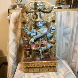 Lord Shiva dancing Tandava - vintage Hindu painted wood sculpture 