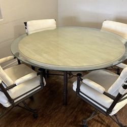 Round Glass Table And 4 Rolling Chairs