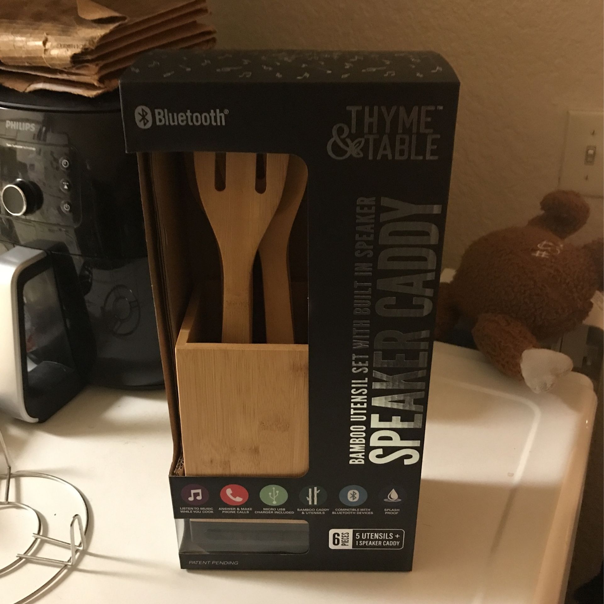 Thyme & Table Bluetooth Bamboo Utensil Set with built in Speaker Caddy