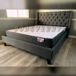 Queen Gray Wingback Button Tufted Bed w. orthopedic Mattress included 