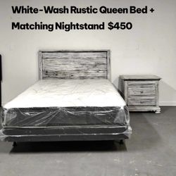 White-Wash Rustic Queen Bed + Matching Nightstand   Bring a farmhouse charm to your bedroom with this handcrafted rustic white-wash set. ✅ Includes he